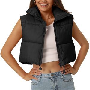 Crop Puffer Vest Lightweight Stand Collar Sleeveless Padded Gilet Coat Black
